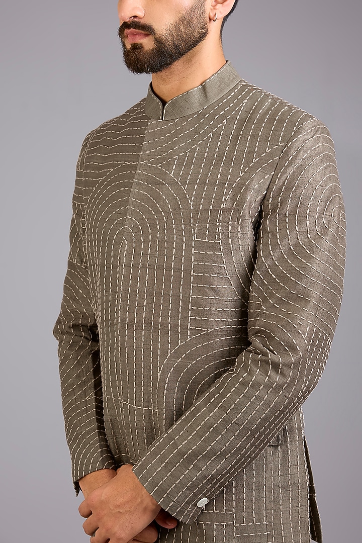 Olive Green Dupion Silk Embroidered Groom Bandhgala Set by Countrymade at Pernia's Pop Up Shop
