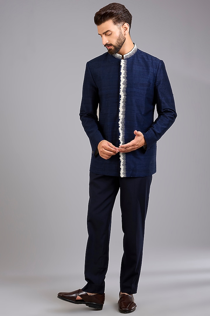 Navy Blue Dupion Silk Wedding Bandhgala Set by Countrymade at Pernia's Pop Up Shop