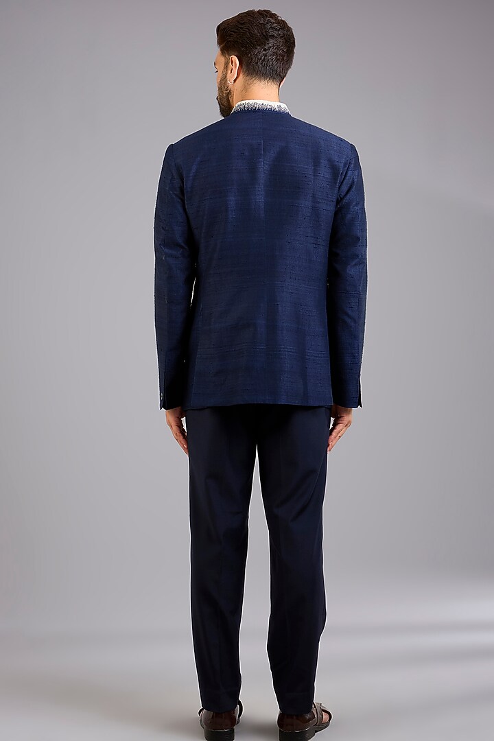 Navy Blue Dupion Silk Wedding Bandhgala Set by Countrymade at Pernia's Pop Up Shop