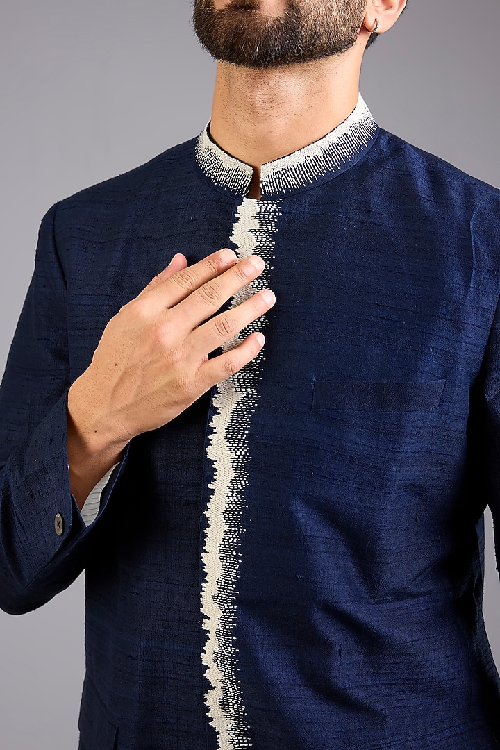 Navy Blue Dupion Silk Wedding Bandhgala Set by Countrymade at Pernia's Pop Up Shop