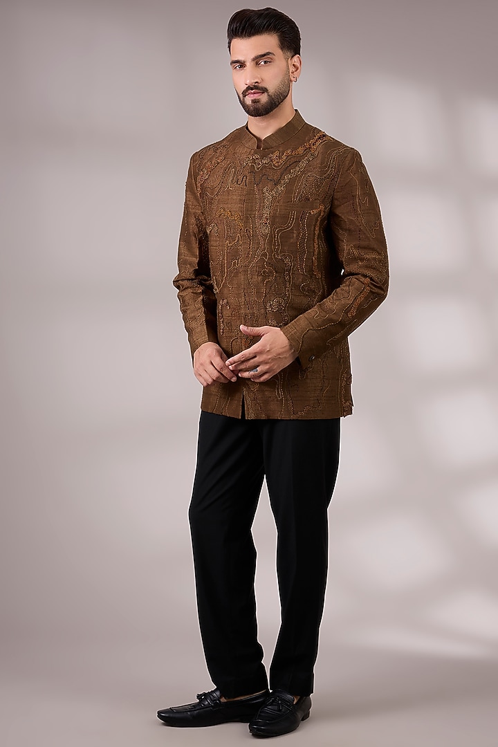 Brown Dupion Silk Embroidered Groom Bandhgala Set by Countrymade at Pernia's Pop Up Shop