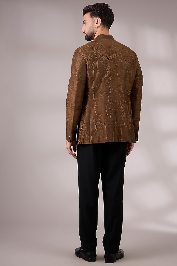 Brown Dupion Silk Embroidered Groom Bandhgala Set by Countrymade at Pernia's Pop Up Shop