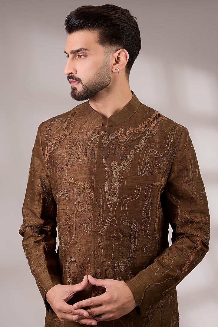 Brown Dupion Silk Embroidered Groom Bandhgala Set by Countrymade at Pernia's Pop Up Shop