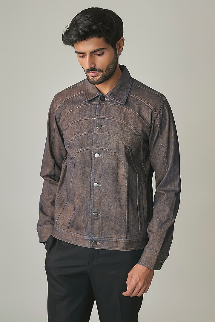 Navy-Bronze Handloom Denim Jacket by Countrymade at Pernia's Pop Up Shop