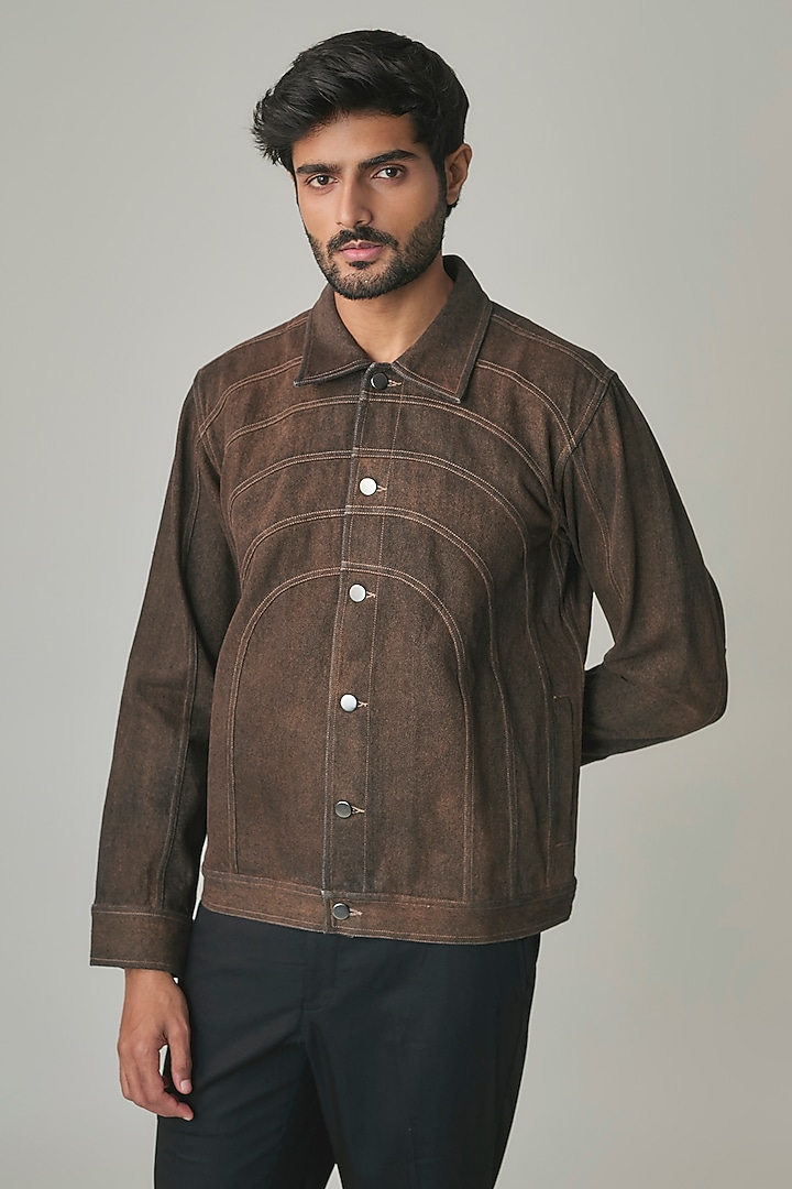 Black-Bronze Handloom Denim Jacket by Countrymade at Pernia's Pop Up Shop