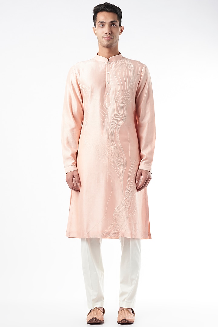 Pink Chanderi Hand Embroidered Kurta Set by Countrymade at Pernia's Pop Up Shop