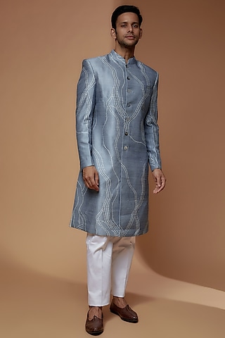 Powder Blue Cotton Silk Printed Sherwani Set by Countrymade