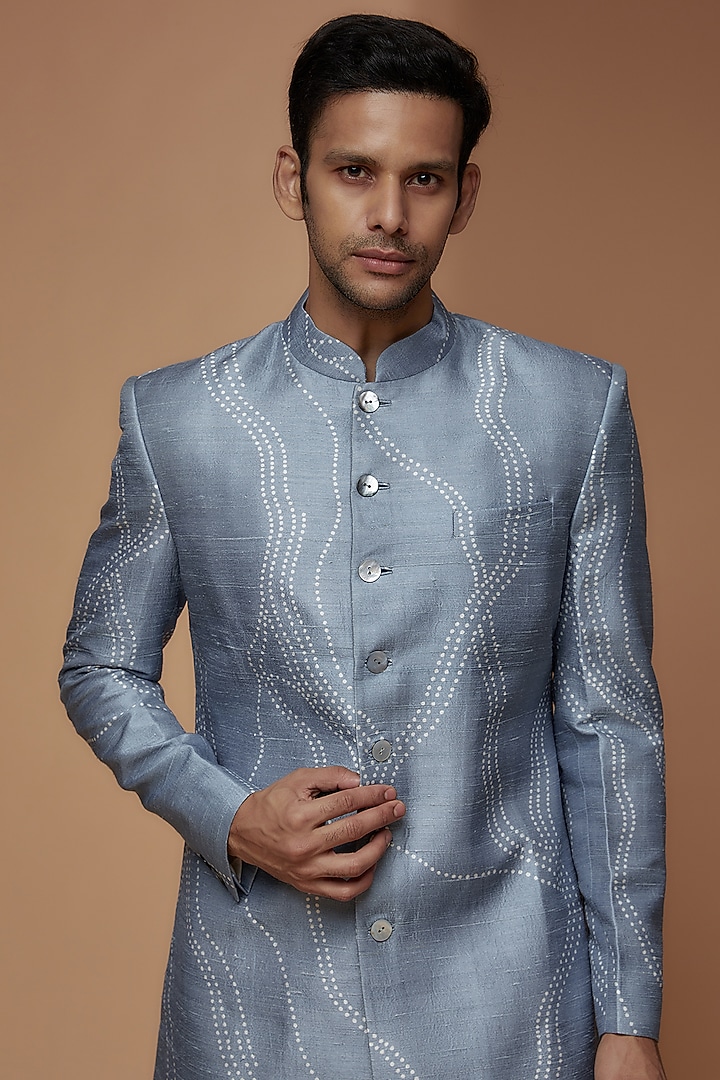 Powder Blue Cotton Silk Printed Wedding Sherwani Set by Countrymade at Pernia's Pop Up Shop