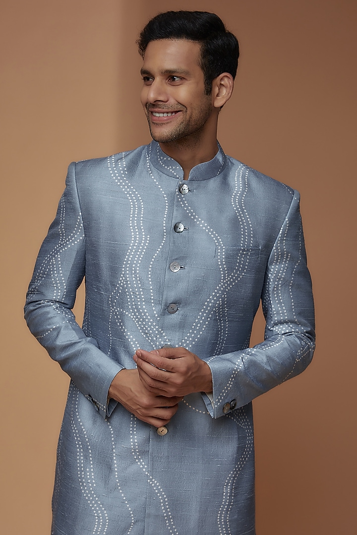 Powder Blue Cotton Silk Printed Wedding Sherwani Set by Countrymade at Pernia's Pop Up Shop