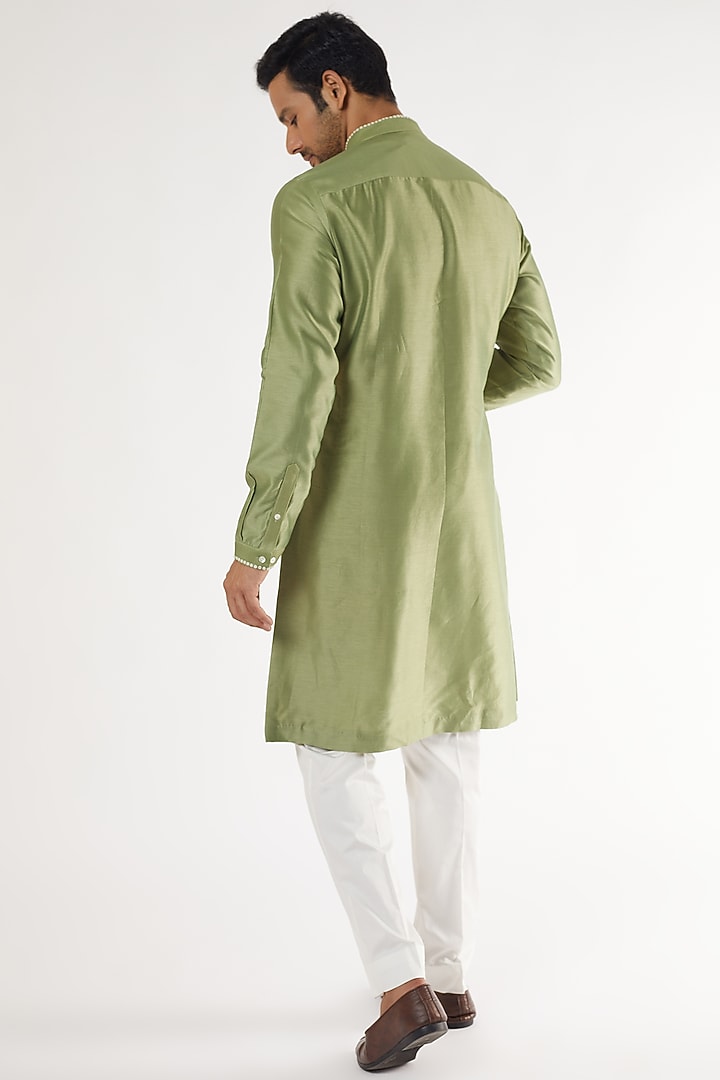 Sage Green Chanderi Hand Embroidered Kurta Set by Countrymade at Pernia's Pop Up Shop