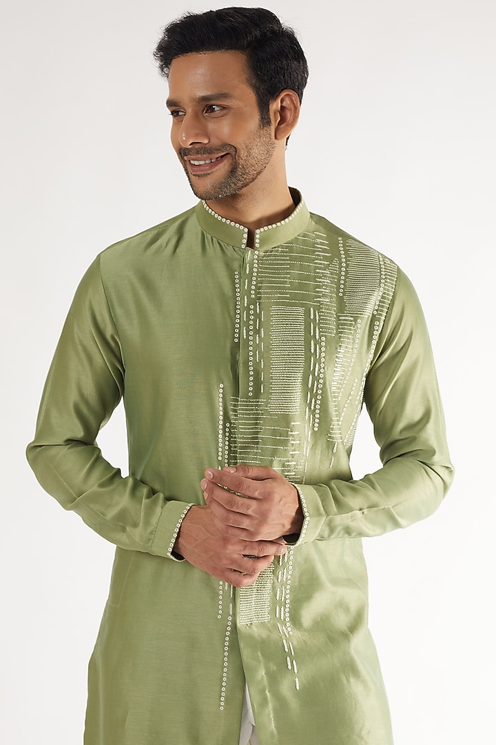 Sage Green Chanderi Hand Embroidered Kurta Set by Countrymade at Pernia's Pop Up Shop