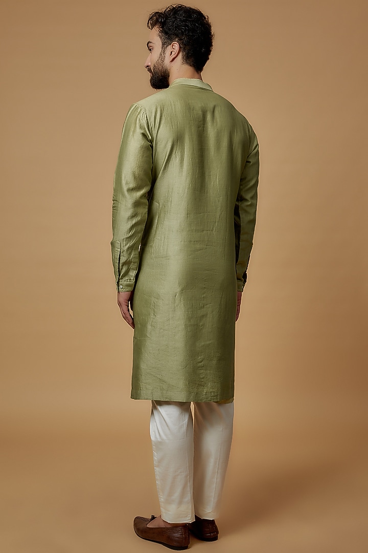 Mehendi Green Cotton Silk Hand Embroidered Kurta by Countrymade at Pernia's Pop Up Shop