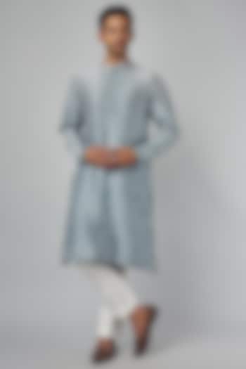 Powder Blue Chanderi Printed & Hand Embroidered Kurta by Countrymade at Pernia's Pop Up Shop