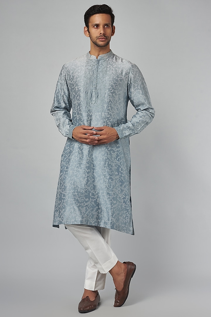 Powder Blue Chanderi Printed & Hand Embroidered Kurta by Countrymade at Pernia's Pop Up Shop