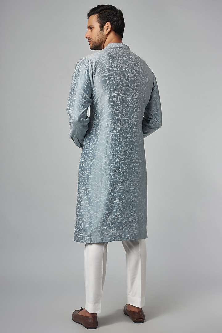 Powder Blue Chanderi Printed & Hand Embroidered Kurta by Countrymade at Pernia's Pop Up Shop
