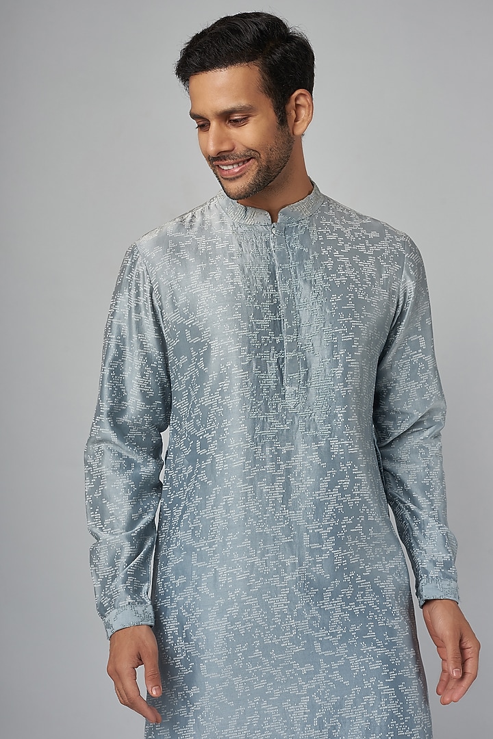 Powder Blue Chanderi Printed & Hand Embroidered Kurta by Countrymade at Pernia's Pop Up Shop