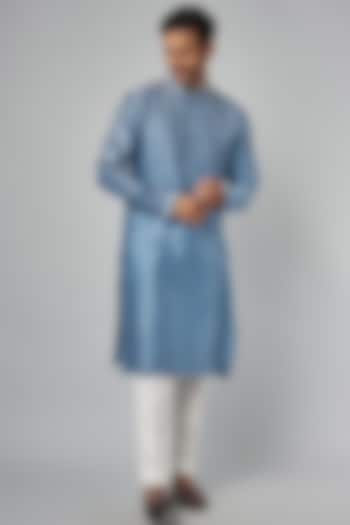 Powder Blue Chanderi Printed & Hand Embroidered Kurta by Countrymade at Pernia's Pop Up Shop