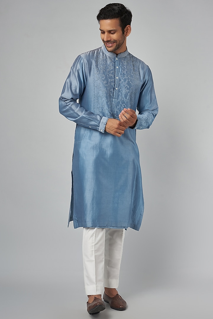Powder Blue Chanderi Printed & Hand Embroidered Kurta by Countrymade at Pernia's Pop Up Shop