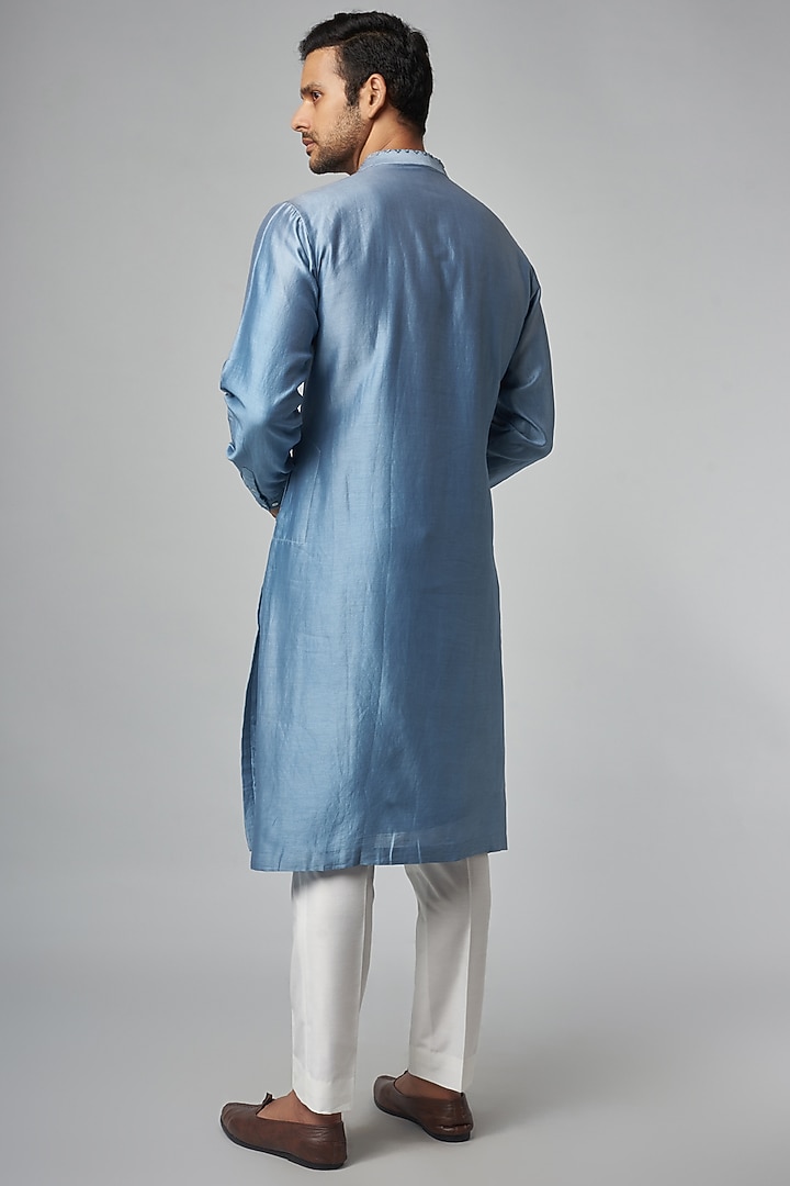 Powder Blue Chanderi Printed & Hand Embroidered Kurta by Countrymade at Pernia's Pop Up Shop