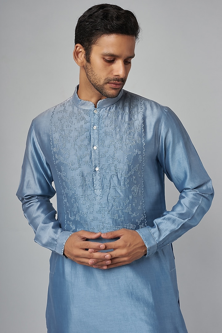Powder Blue Chanderi Printed & Hand Embroidered Kurta by Countrymade at Pernia's Pop Up Shop