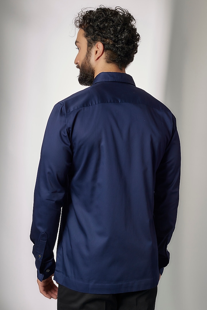 Navy Blue Linen Embroidered Party Wear Shirt by Countrymade at Pernia's Pop Up Shop
