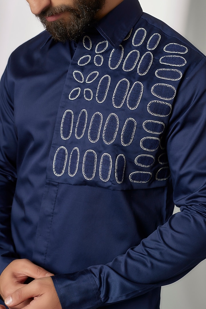 Navy Blue Linen Embroidered Party Wear Shirt by Countrymade at Pernia's Pop Up Shop