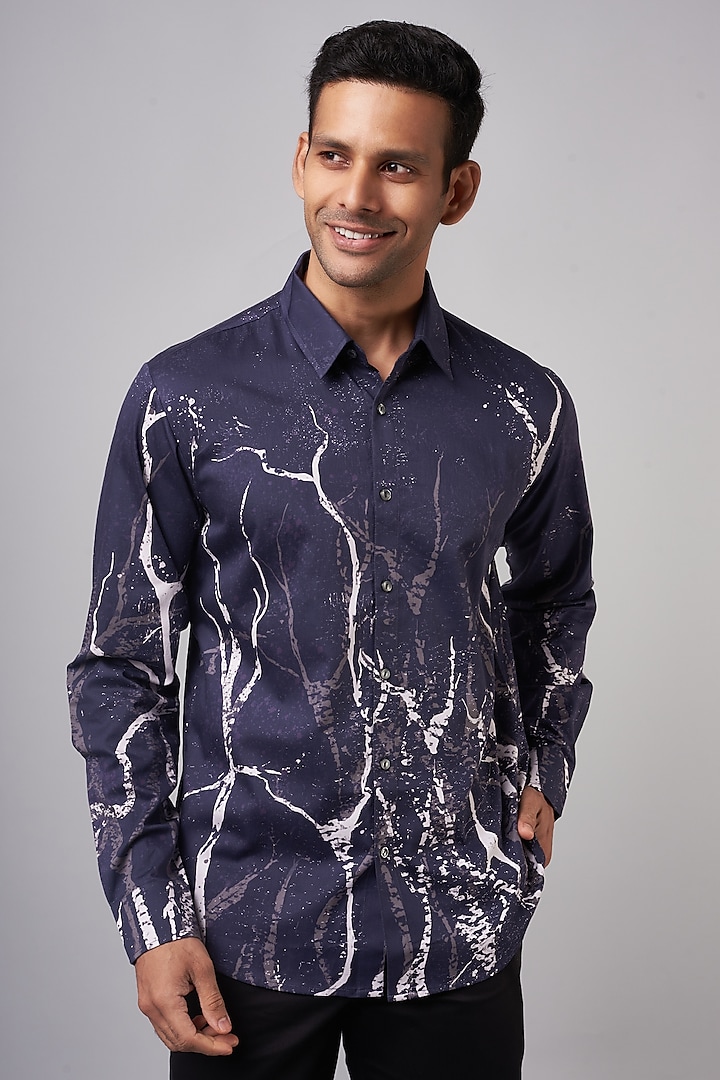 Navy Cotton Satin Printed Shirt by Countrymade