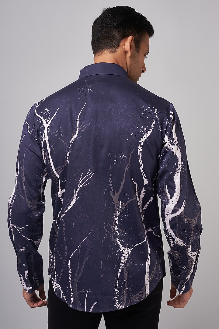 Navy Cotton Satin Printed Party Wear Shirt by Countrymade at Pernia's Pop Up Shop