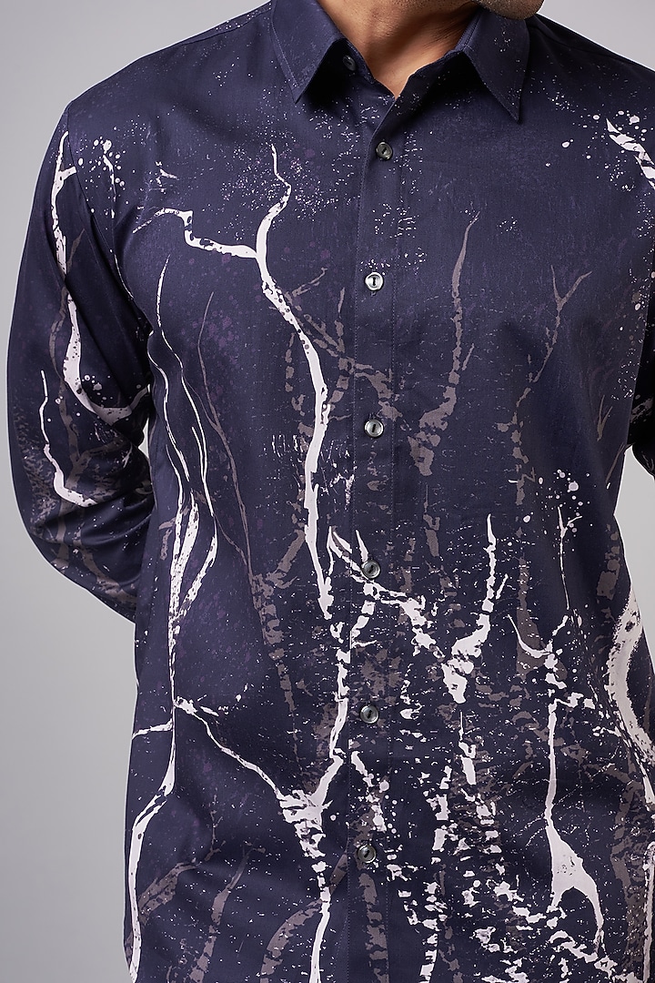 Navy Cotton Satin Printed Party Wear Shirt by Countrymade at Pernia's Pop Up Shop