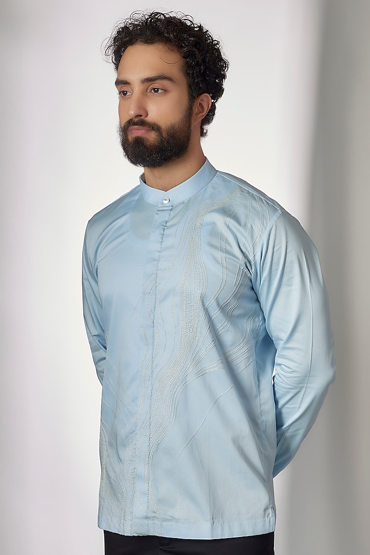 Sky Blue Cotton Satin Hand Embroidered Shirt by Countrymade at Pernia's Pop Up Shop