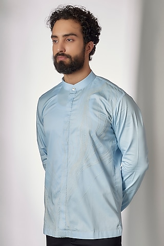 Sky Blue Cotton Satin Hand Embroidered Shirt by Countrymade