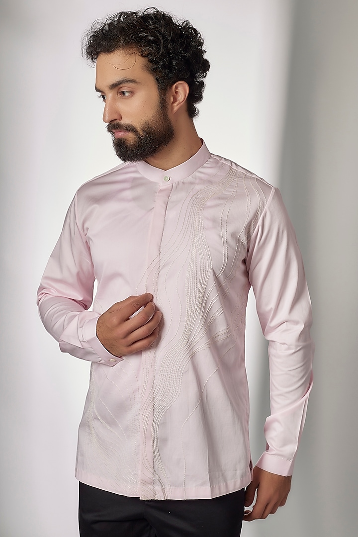 Baby Pink Cotton Satin Hand Embroidered Shirt by Countrymade
