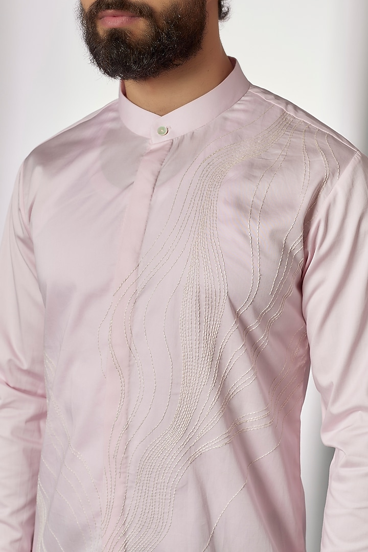 Baby Pink Cotton Satin Hand Embroidered Wedding Shirt by Countrymade at Pernia's Pop Up Shop