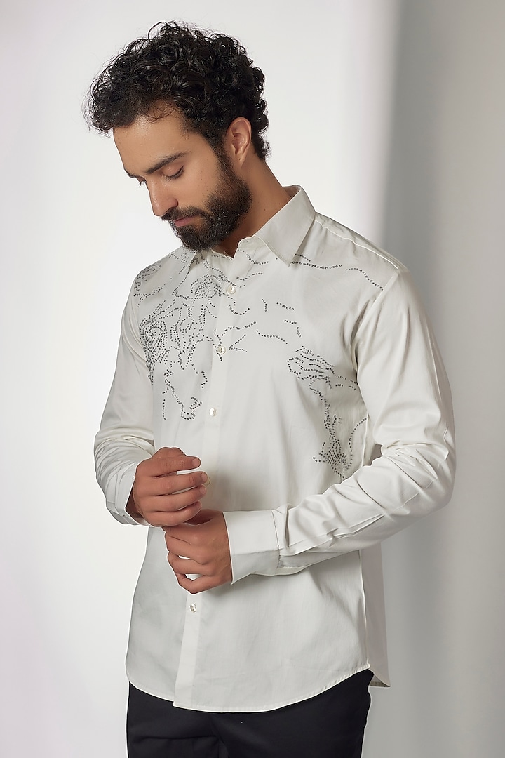 White Cotton Satin Embroidered Shirt by Countrymade
