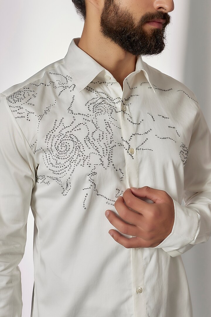 White Cotton Satin Embroidered Party Wear Shirt by Countrymade at Pernia's Pop Up Shop