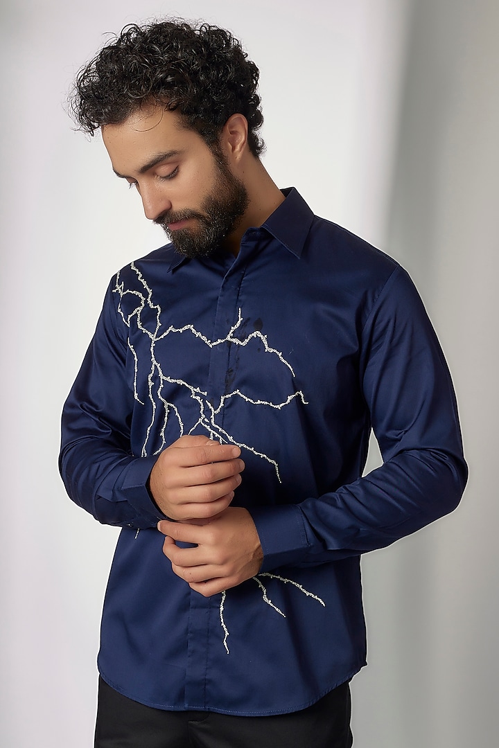 Navy Blue Cotton Satin Embroidered Shirt by Countrymade