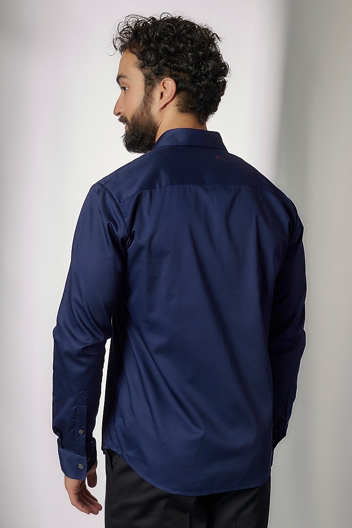 Navy Blue Cotton Satin Embroidered Party Wear Shirt by Countrymade at Pernia's Pop Up Shop