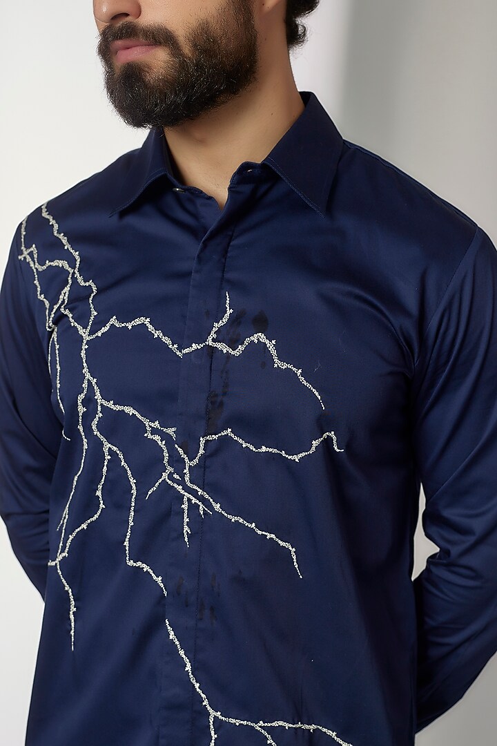 Navy Blue Cotton Satin Embroidered Party Wear Shirt by Countrymade at Pernia's Pop Up Shop