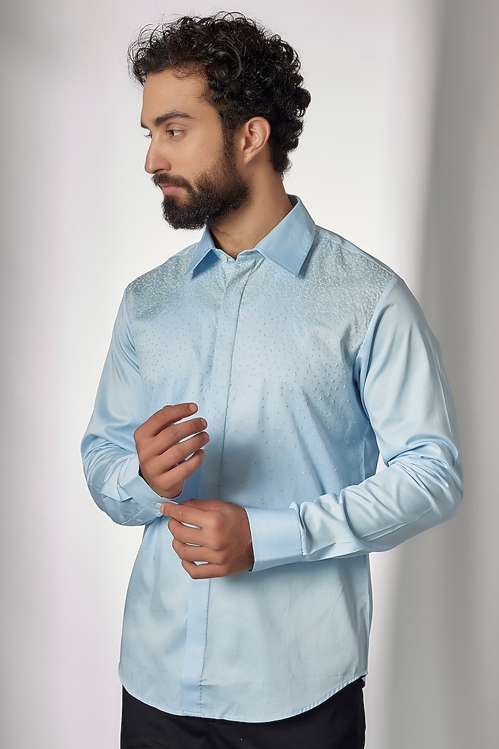 Sky Blue Cotton Satin Embroidered Shirt by Countrymade