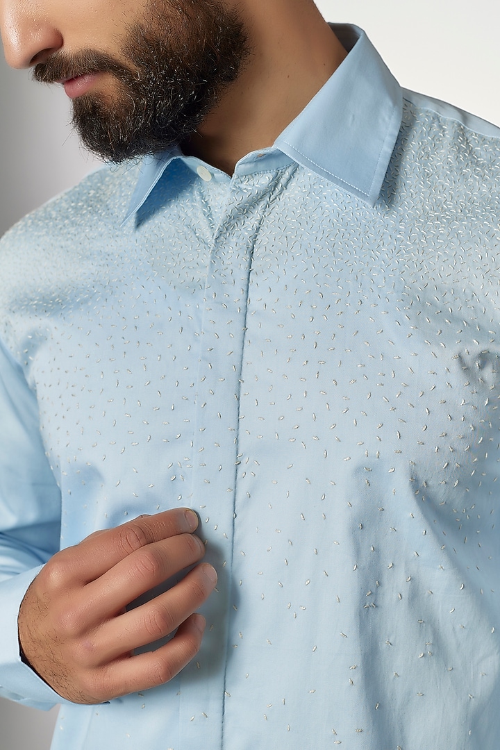 Sky Blue Cotton Satin Embroidered Party Wear Shirt by Countrymade at Pernia's Pop Up Shop