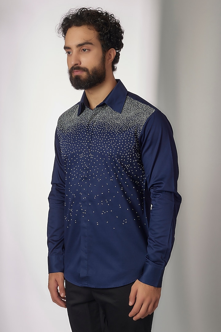 Navy Blue Cotton Satin Embroidered Party Wear Shirt by Countrymade at Pernia's Pop Up Shop