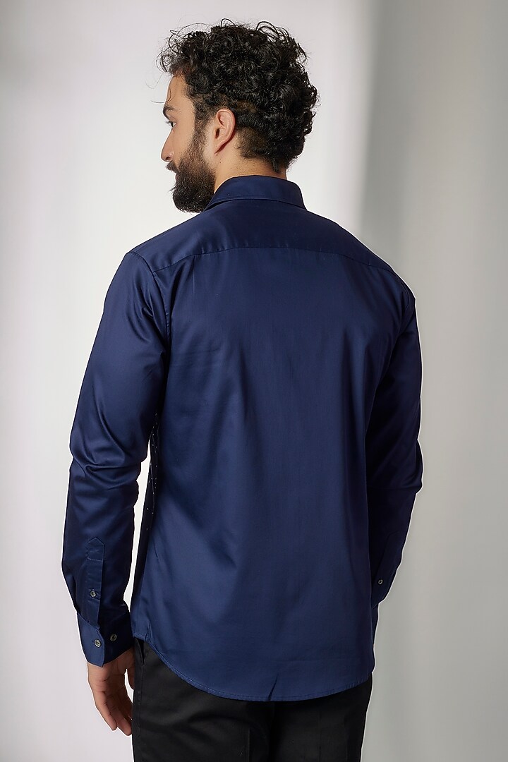 Navy Blue Cotton Satin Embroidered Party Wear Shirt by Countrymade at Pernia's Pop Up Shop