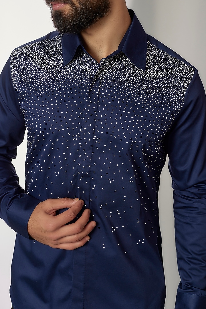 Navy Blue Cotton Satin Embroidered Party Wear Shirt by Countrymade at Pernia's Pop Up Shop