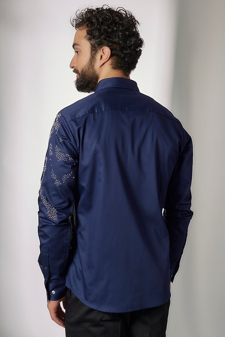 Navy Blue Cotton Satin Embroidered Party Wear Shirt by Countrymade at Pernia's Pop Up Shop