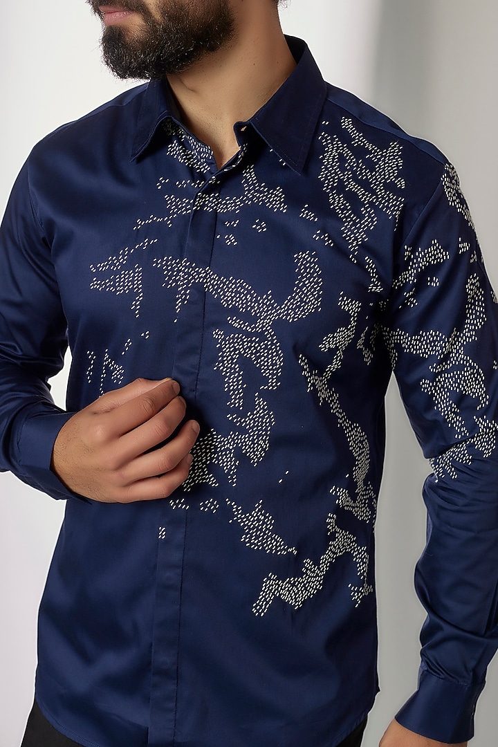 Navy Blue Cotton Satin Embroidered Party Wear Shirt by Countrymade at Pernia's Pop Up Shop