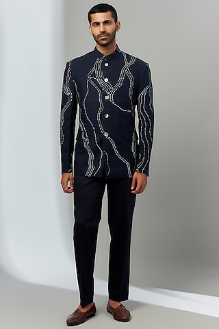 Navy Blue Handloom Cotton Silk Printed Bandhgala set  by Countrymade