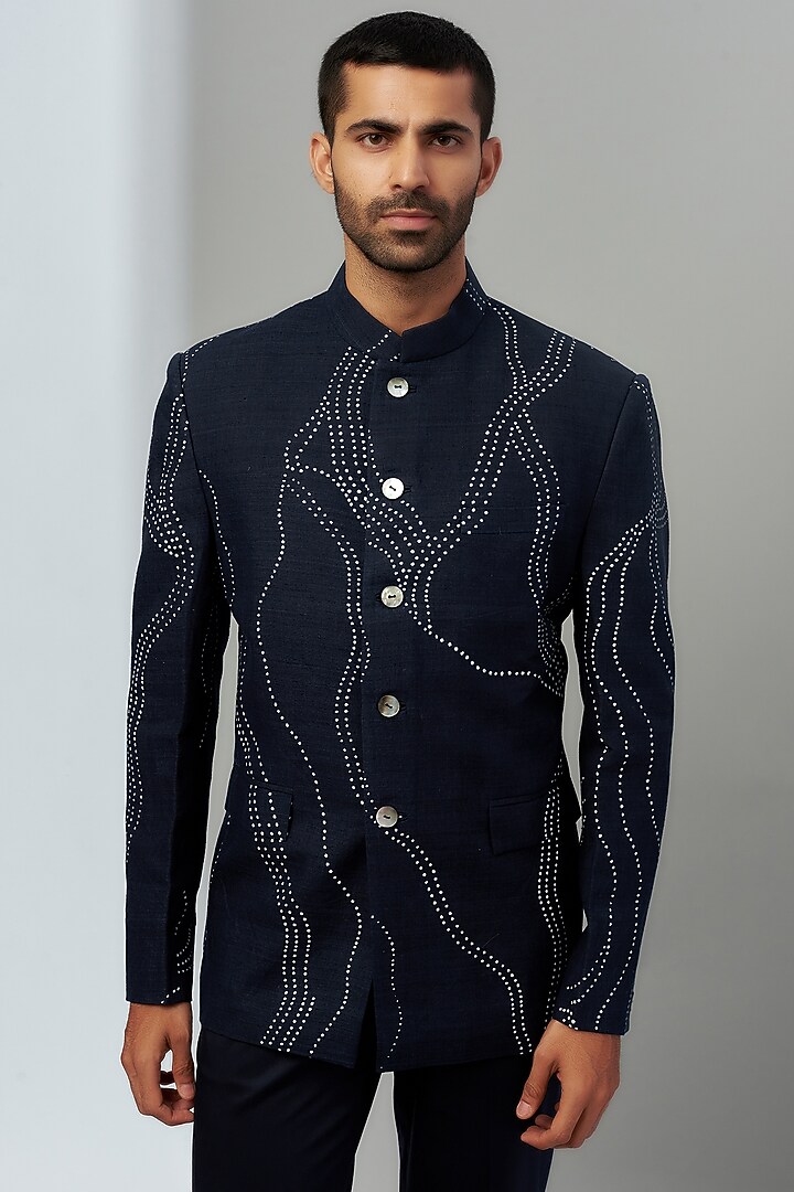 Navy Blue Handloom Cotton Silk Printed Wedding Bandhgala set by Countrymade at Pernia's Pop Up Shop