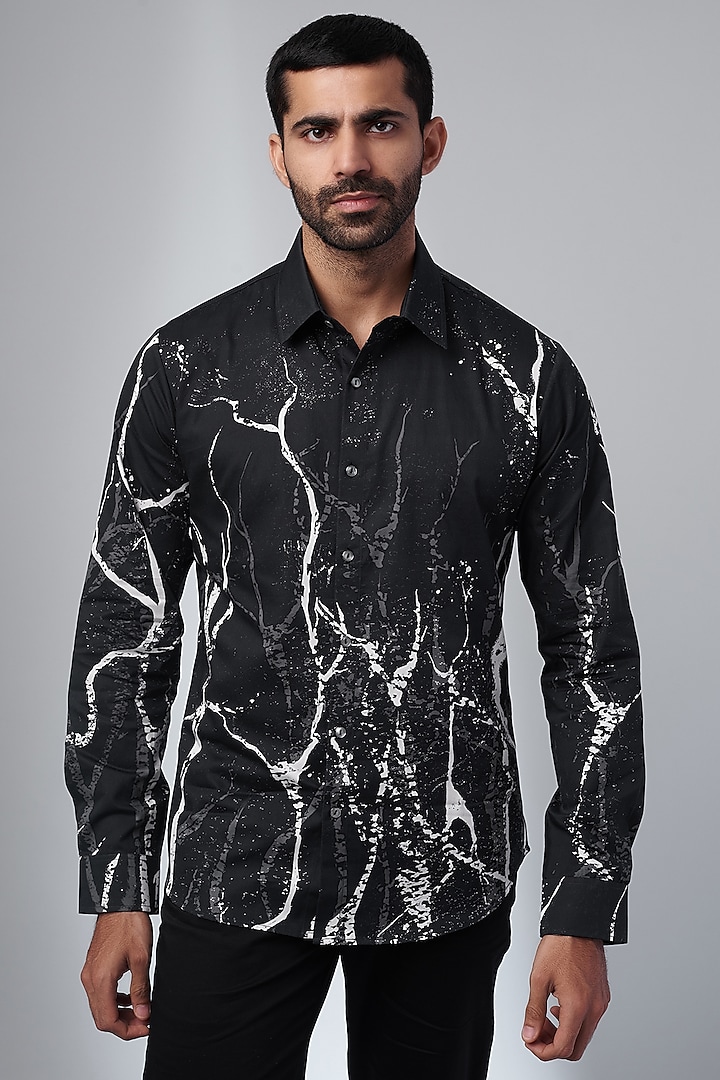 Black Cotton Printed Shirt by Countrymade