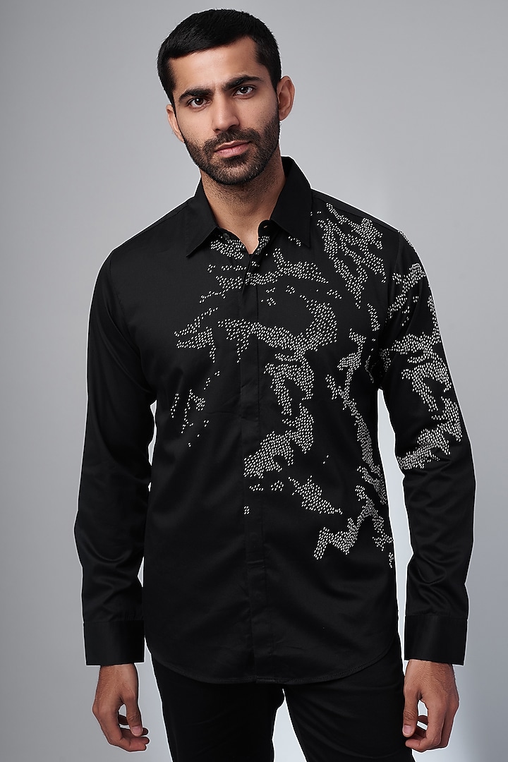 Black Cotton Satin Embroidered Shirt by Countrymade at Pernia's Pop Up Shop