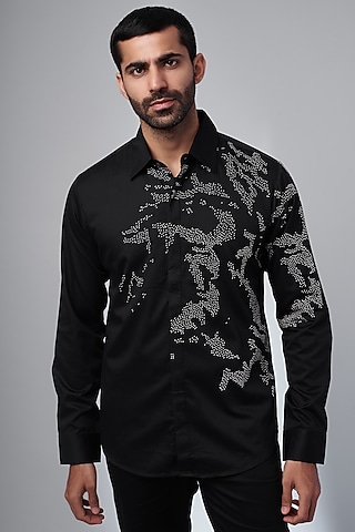 Black Cotton Satin Embroidered Shirt by Countrymade